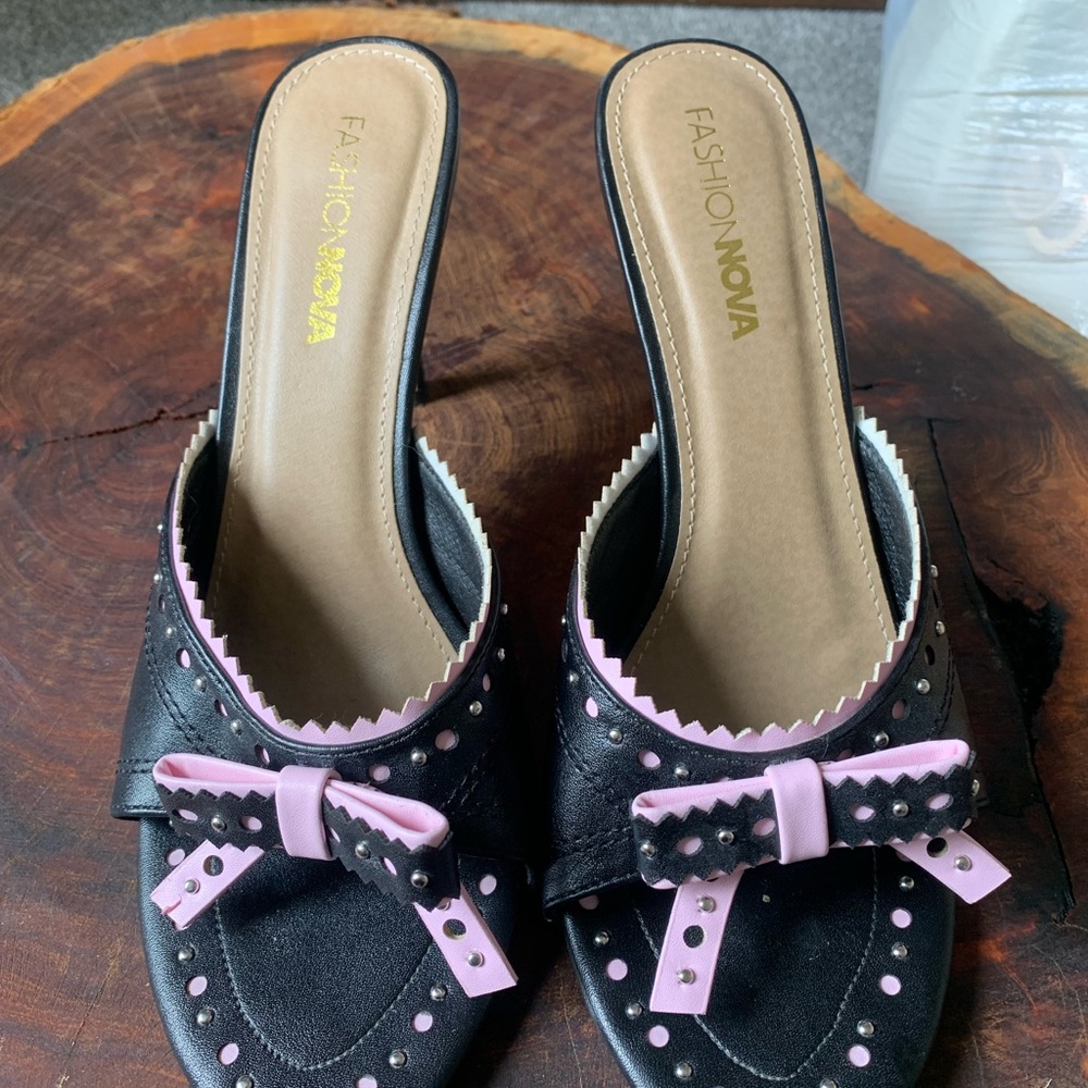 Fashion Nova Black and Pink Mules with Bow Accents